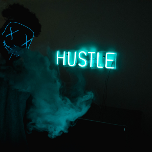 hustle lettering with fog around it